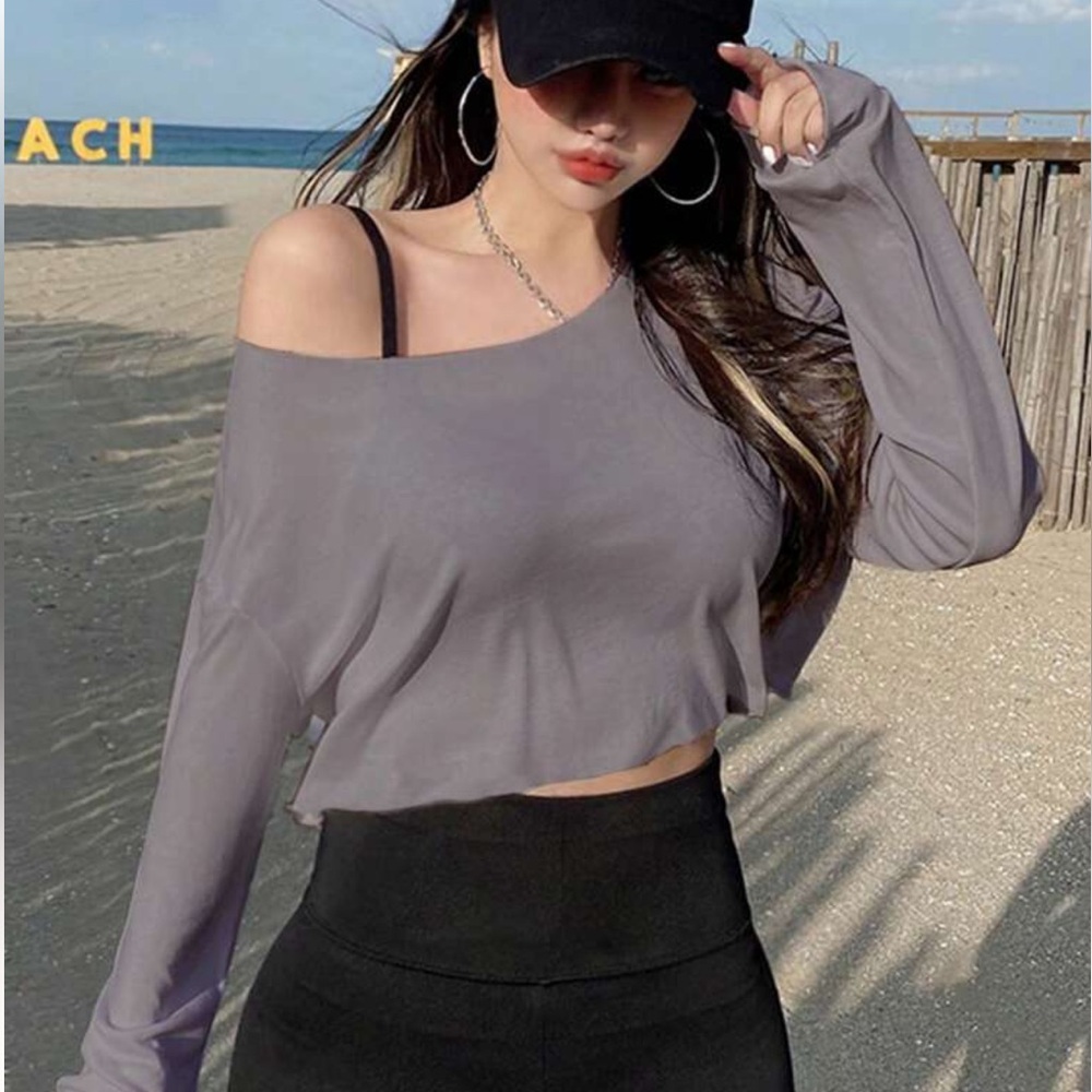 Grey Off-Shoulder Crop Top